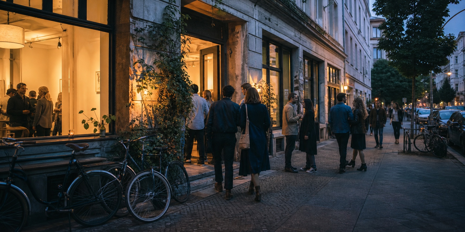 People arriving at a warm independent hospitality venue on a Berlin neighborhood street